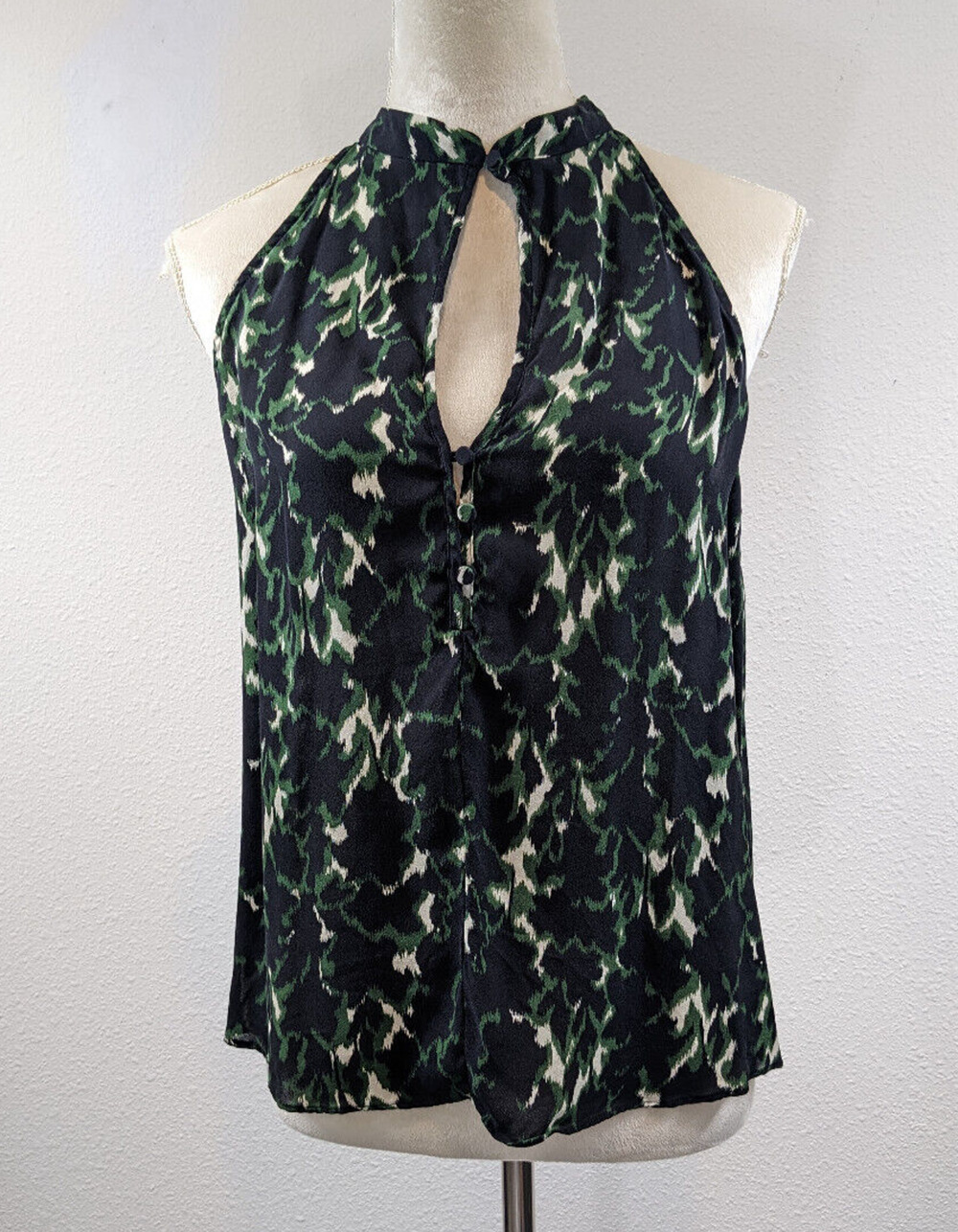ALC A.L.C. Sleeveless Top Black Green Cream Abstract Print 8 Keyhole Silk Blouse